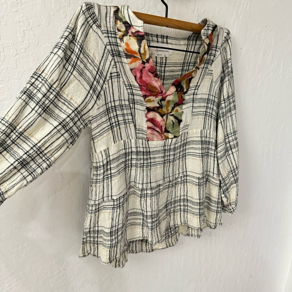 Anthropologie Darlene Plaid Peasant Blouse Top Tunic Metallic Thread Size XS - Picture 7 of 10